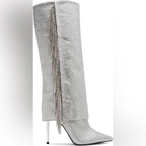 Steve Madden Silver Women's Boots Sanya Rhinestone Fringe Knee High Boot 6M NWOT